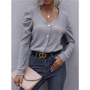 Ribbed V-Neck Button-Up Cardigan